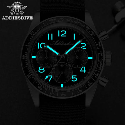 ADDIESDIVE Men's Chronograph Quartz Watch 37mm Bubble Glass 100m Waterproof Watches Ceramic Bezel BGW9 Luminous Sport Wristwatch