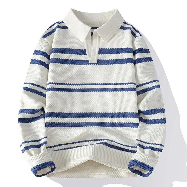 Autumn Winter Men's Striped Polo Collar Knitted Sweater Youthful Vitality Long Sleeve Turn Down Collar Casual Knit Pullovers Men