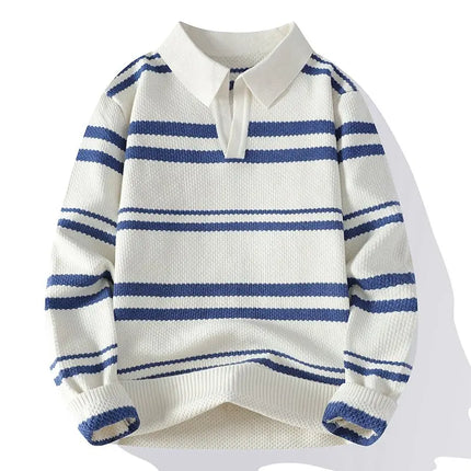 Autumn Winter Men's Striped Polo Collar Knitted Sweater Youthful Vitality Long Sleeve Turn Down Collar Casual Knit Pullovers Men