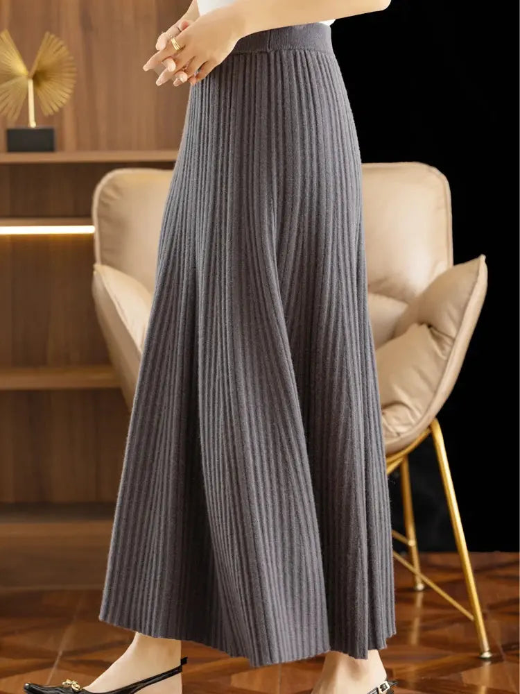 Elegant Women's Pleated Skirt 100% Merino Wool Skirt A-Line Long Skirt Soft Warm Autumn Winter Dress Slim Elastic Waist Office PlatiNum