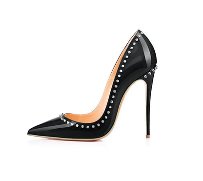 Women 12CM Stiletto Fashion Rivet High Heels Black Red Shallow Mouth Single Shoes Club Party Female Pointy Pumps Plus Size 34-45