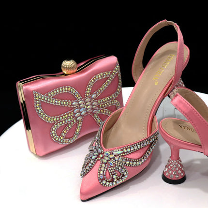 Venus Chan New Elegant Green Bling Bow décolleté con punta a punta per le donne 2024 Party italian strass scarpe e borse set coordinato