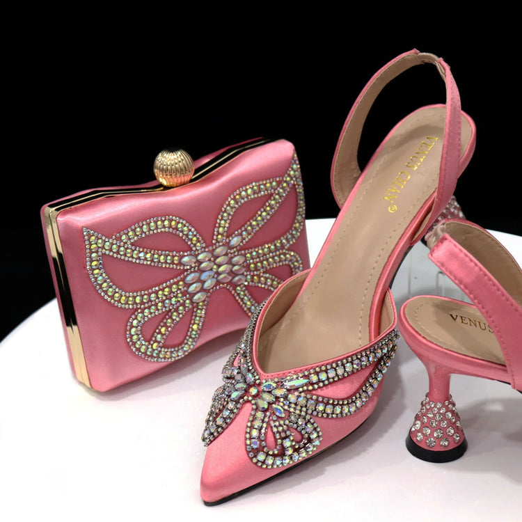 Venus Chan New Elegant Green Bling Bow décolleté con punta a punta per le donne 2024 Party italian strass scarpe e borse set coordinato