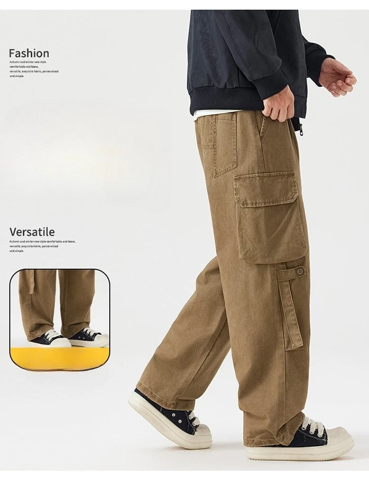 Autumn New Cargo Loose Multi-pockets 100% Cotton Straight Pants for Men Clothing Comfort Zipper Male Trouser GF258113