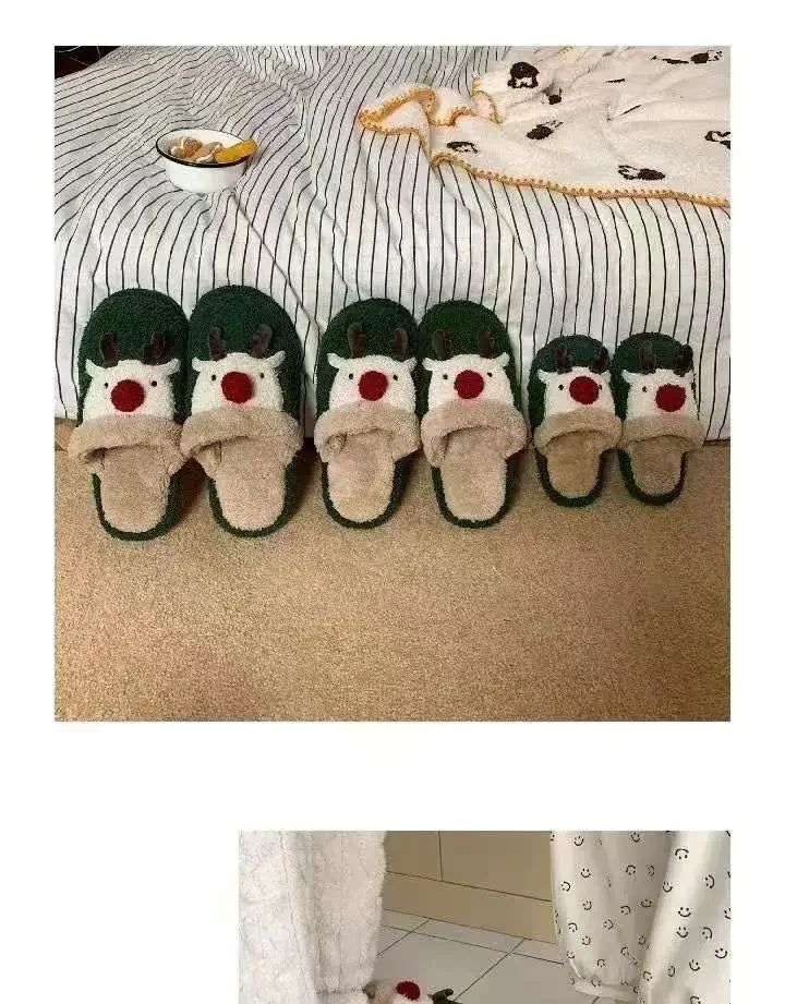 Winter Christmas Women Home Slippers Men Indoor Soft Non-slip Sandals Couples Warm Plush Flat Slides Adults Unisex Lovely Shoes