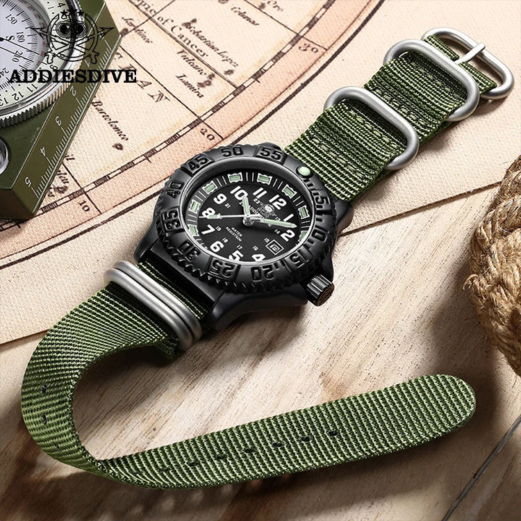 ADDIESDIVE Luxury Men Watch Luminous Dial 50m Water Resistance Date Display Outdoor Casual Men's Quartz Men Watch Nylon Strap