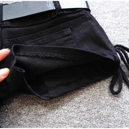 Korean Low Rise Denim Shorts 2024 - Riveted Lace Up Bodycon Black Hot Pants Vintage Cheeky Booty Summer TikTok Y2K Outfit PlatiNum