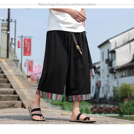 Pantaloncini kimono giapponese Costume da samurai in lino da uomo Ukiyo-e Cintura con stampa Pantaloni a gamba larga Retro Haori Pantaloni casual larghi Harajuku da uomo