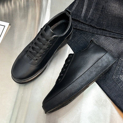 Fashion Thick Sole Black White Soft Men Leather Shoes Platform Men Casual Board Shoes Walking Sport Shoes Lightweight Work Shoes