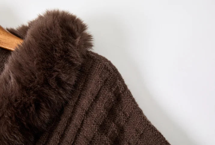 European and American Fall/Winter New Arrival Knitted Pattern Women's Wraparound Faux Fur Collar Pullover Loose Oversized Cape