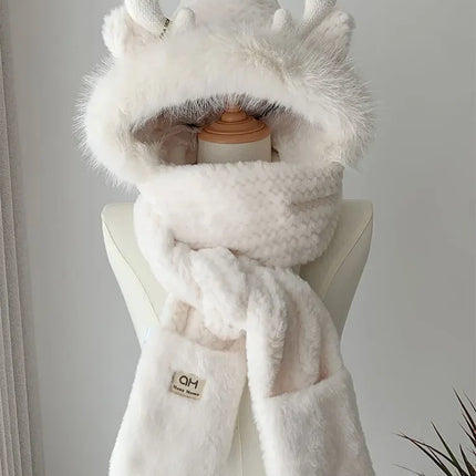 Fashion Elk Antlers Plush Hat Scarf Gloves Women's Winter Ear Protector Thickened Lei Feng Hat Cycling Ski Cap Wind Proof