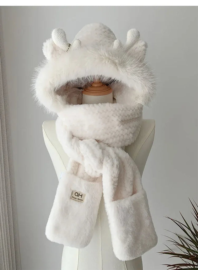 Fashion Elk Antlers Plush Hat Scarf Gloves Women's Winter Ear Protector Thickened Lei Feng Hat Cycling Ski Cap Wind Proof