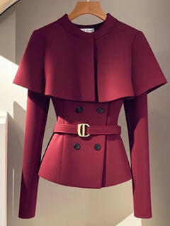 Sweet Cape Jacket Women's Outwear Spring Autumn New Chic Casual Jacket Fashion Slim Double-Breasted Long Sleeve Coat Tops