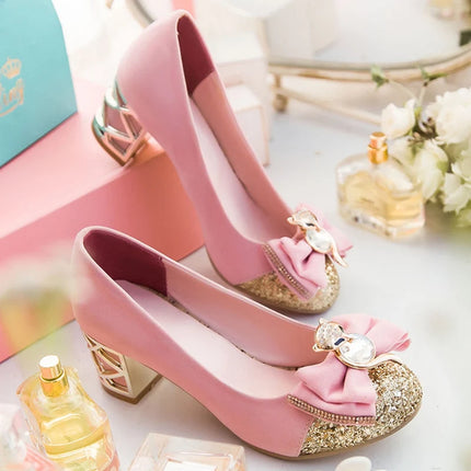 Scarpe décolleté da donna casual con tacco basso in cristallo blu di lusso Scarpe da festa di nozze con tacco nero rosa legato con fiocco dolce da donna