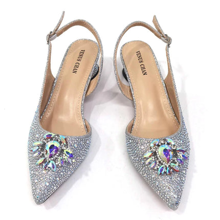 Venus Chan Royal Blue Sandals for Women 2024 Luxury Wedding Pumps Med Heels strass Design Party Shoes and Bags Set
