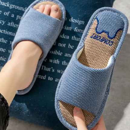 Pantofole in lino per la casa per coppie quattro stagioni Pantofole antiscivolo da pavimento per donna Uomo Camera da letto interna Infradito a punta aperta in lino quattro stagioni