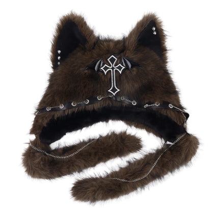 Fuzzy Faux Fur Cat Ear Ear Flap Hat, Gothic Edgy Design Plush Headwear, Fashion Warm Hat for Teens Cosplay & Daily Matching