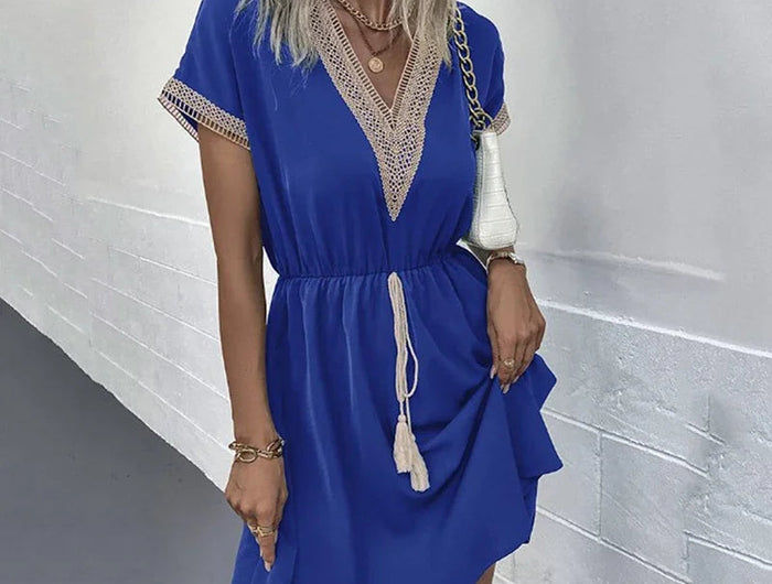 Abito corto longuette da spiaggia femminile con scollo a V in pizzo a maniche corte tinta unita estivo Abiti eleganti da donna in tinta unita bianco dolce platinumshop