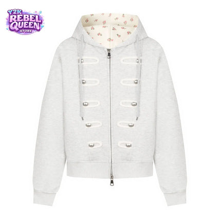 Coquette Zip Up Hoodie Women Decorative Double Row Metal Buttons Floral Print Lined Loose Fit Y2K Casual Streetwear Sweatshirt