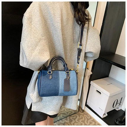 Patchwork Colorblock Mini Handbags For Women Denim Shoulder Cross Body Bags Casual Street Small Boston Bag 2025 Designer Purses PlatiNum