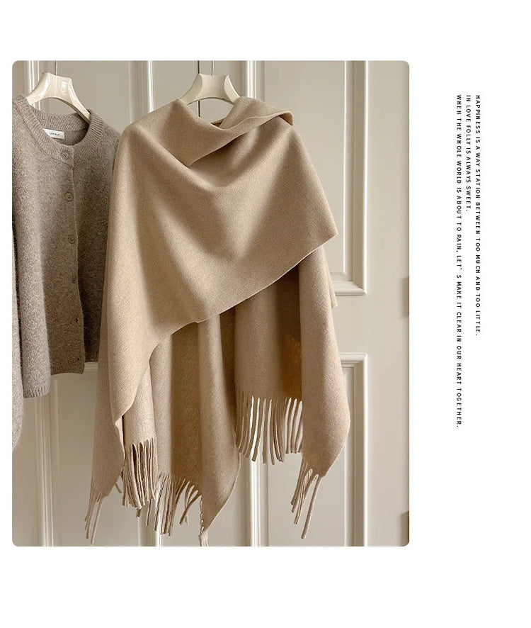 Women Split‑Open Woolen Tassel Poncho Shawl Thick Warm Cape Coat Autumn Winter Travel Photography Outer Wrap