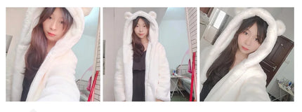 Cosy Loose Faux Fur Coat Womens Faux Fur Fuzzy Hooded Fluffy Ears Surcoat Overcoat Woman Winter Warm Outerwear Snowy Day Wrap