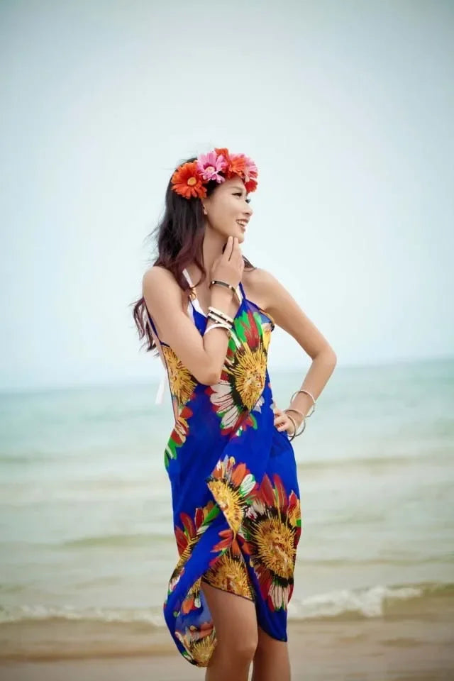 Copricostumi stampati Abito da spiaggia sexy Donna Halter Sling Chiffon Asciugamano da spiaggia Bikini Wrap Pareo Gonne Costumi da bagno aperti sul retro platinumshop