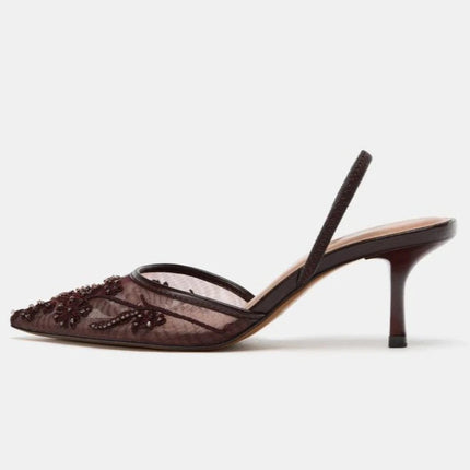 Sexy Pointed Toe Mesh Embroider High Heels for ladies Elegant String Bead pumps Summer Luxury Designer Shoe Brown Heeled Sandals PlatiNum