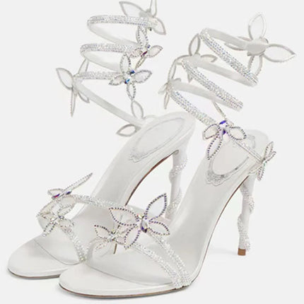 Aneikeh Elegant Pink Wedding Shoes CRYSTAL Bow High Heels Sandals Woman Summer Ankle Strap Thin High Heels Open Toed Party Shoes PlatiNum