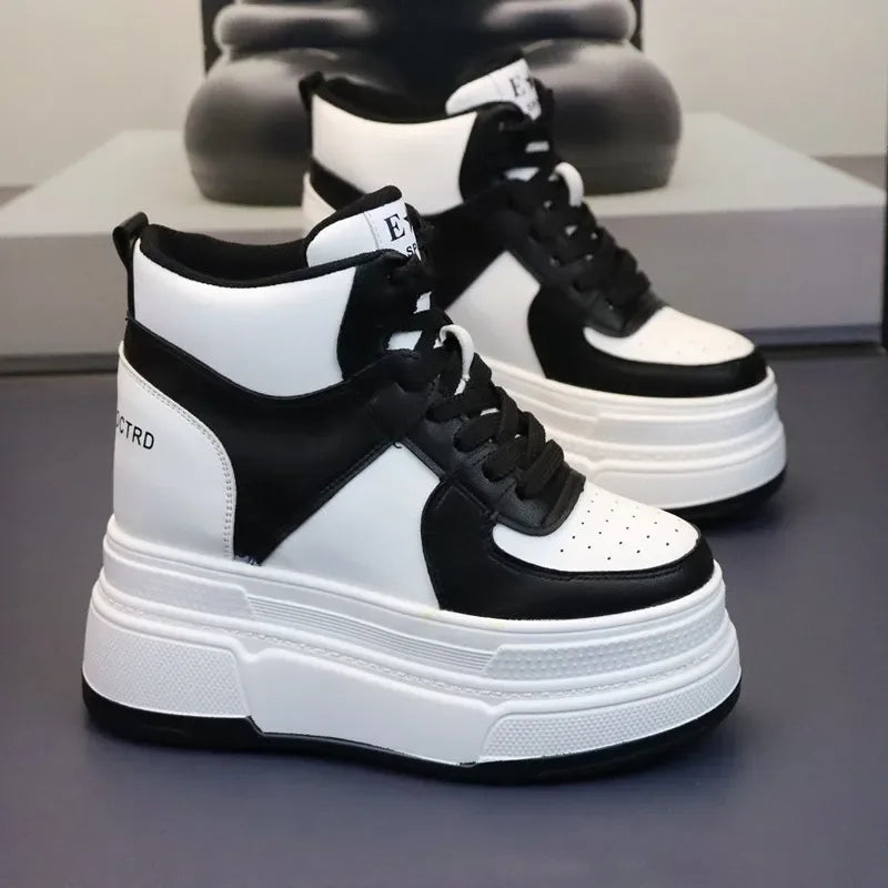 10CM 12CM 14CM High Top Leather Women Autumn Spring Platform Wedge Women Fashion Sneakers Chunky Shoes Vulcanize Skateboard - PlatiNum