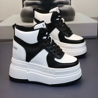 10CM 12CM 14CM High Top Leather Women Autumn Spring Platform Wedge Women Fashion Sneakers Chunky Shoes Vulcanize Skateboard - PlatiNum