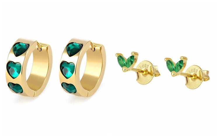 925 Sterling Silver Needle Green Zircon Gold Earrings Heart Hoop Earrings for Women Delicate Stud Earrings Luxury Jewelry Gifts PlatiNum