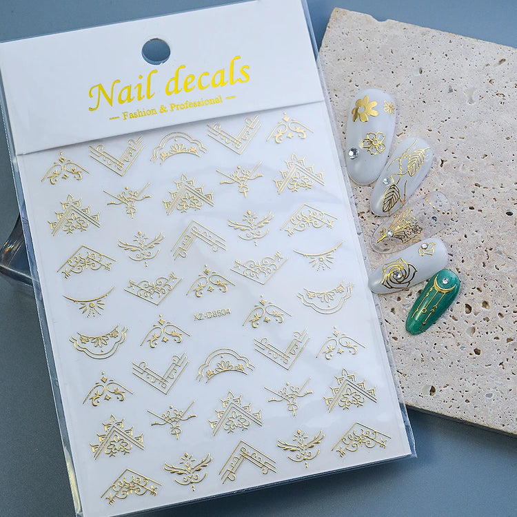 1pcs Gilded Hollow Flower Leaves Nail Art Stickers French Lines Bohemian Tassels 3D Nail Decals Rose Pattern Manicure Decoration