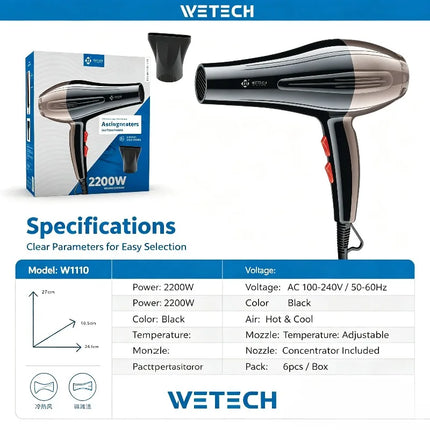 2200W Professional Hair Dryer AC100-240V Adjustable Temperature Speed Cold Shot Blow Dryer With Concentrator Nozzle Salon Home Travel Hair Styling Tool