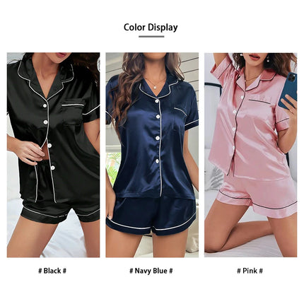 Pigiama da donna in raso di seta estivo Set Top e pantaloncini abbottonati 2 pezzi indumenti da notte colletto dentellato indumenti da notte Loungewear per le donne