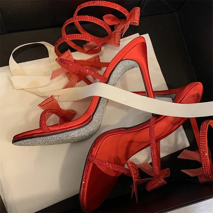 Aneikeh Elegant Pink Wedding Shoes CRYSTAL Bow High Heels Sandals Woman Summer Ankle Strap Thin High Heels Open Toed Party Shoes PlatiNum