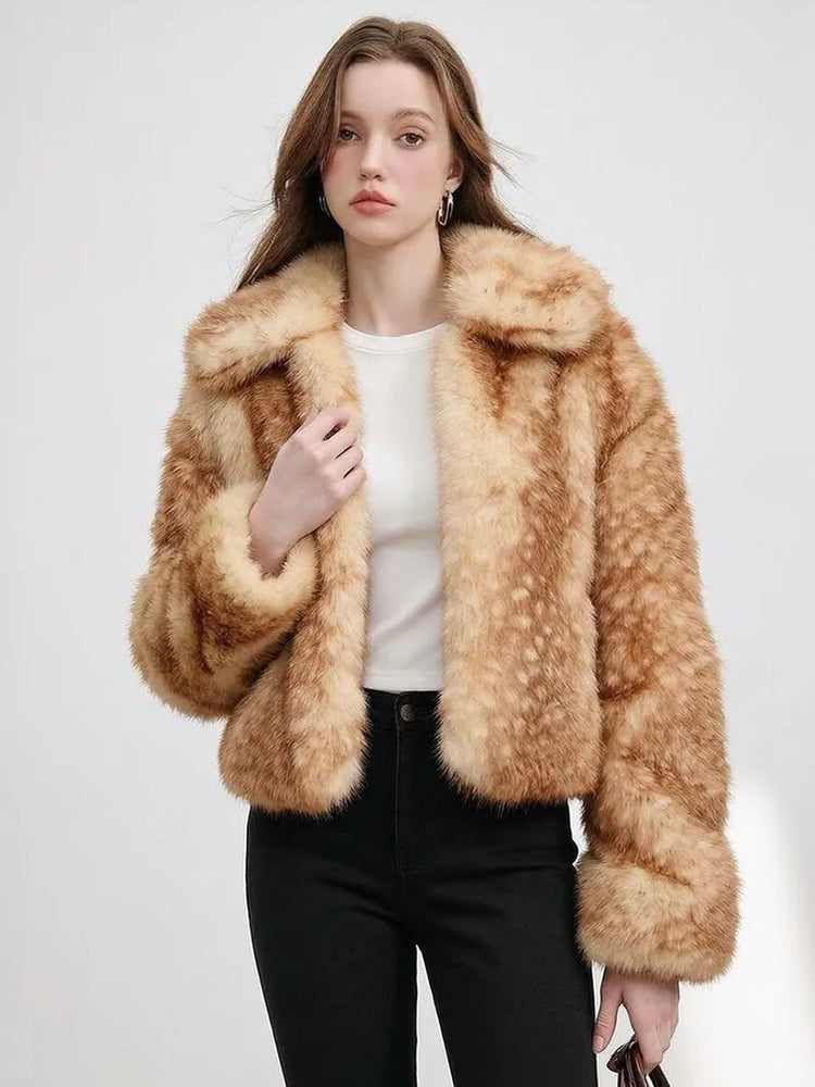 ZADORIN Chic Turn Down Collar Deer-print Cropped Fluffy Faux Fur Coat Woman Elegant Warm Faux Fur Jackets Woman Winter Coat Tops