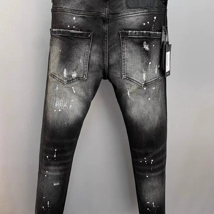 Light Luxury Washed Jeans Men's Trendy Brand Ruffian Handsome Black Ripped Patch Slim Fit Small Feet Casual Long Pants PlatiNum