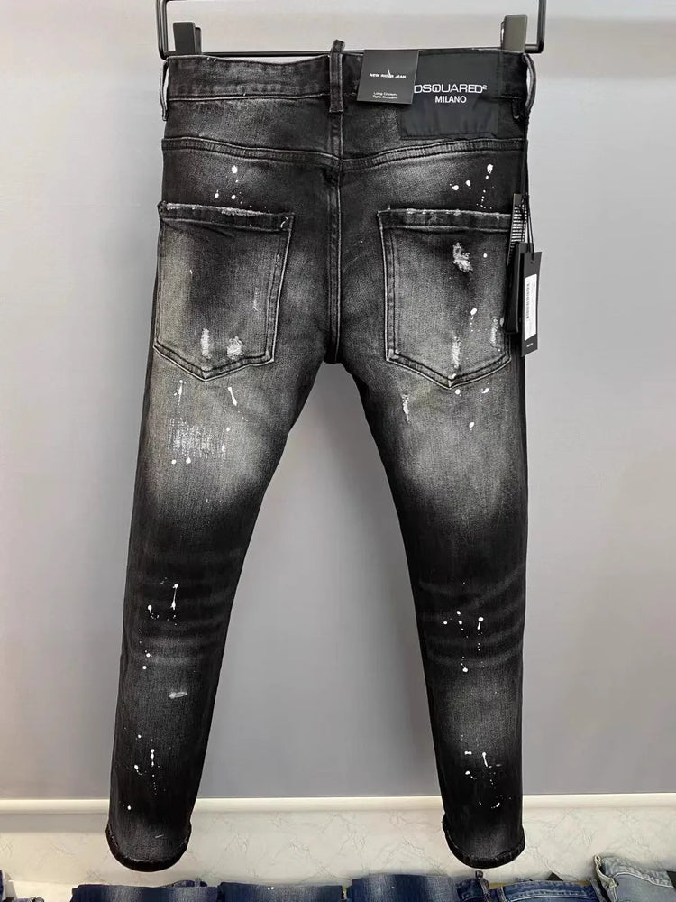 Light Luxury Washed Jeans Men's Trendy Brand Ruffian Handsome Black Ripped Patch Slim Fit Small Feet Casual Long Pants PlatiNum