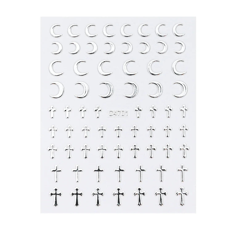6Pcs/Set Metal Silver Star/Heart/Moon 3D Nail Art Stickers 8*10cm Hollow Love/Cross Self-Adhesive Slider Luxury Manicure Decals