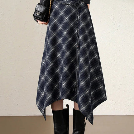 Women Faux Woolen Plaid Long Skirts Korean Vintage Belt Loose High Waist A Line Skirt Casual Fall Winter Irregular Retro Skirts PlatiNum
