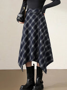 Women Faux Woolen Plaid Long Skirts Korean Vintage Belt Loose High Waist A Line Skirt Casual Fall Winter Irregular Retro Skirts PlatiNum