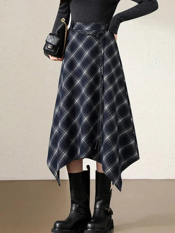 Women Faux Woolen Plaid Long Skirts Korean Vintage Belt Loose High Waist A Line Skirt Casual Fall Winter Irregular Retro Skirts PlatiNum