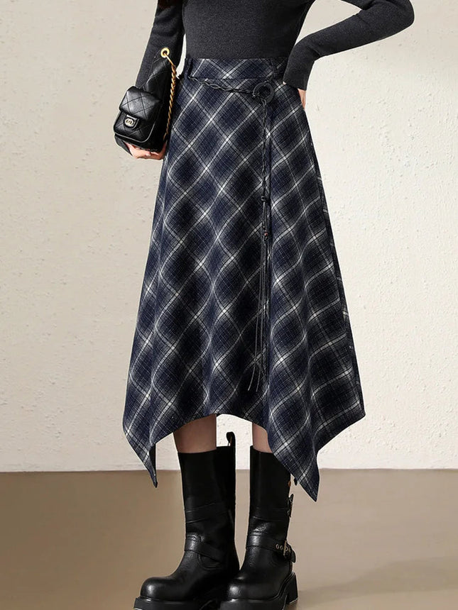 Women Faux Woolen Plaid Long Skirts Korean Vintage Belt Loose High Waist A Line Skirt Casual Fall Winter Irregular Retro Skirts PlatiNum
