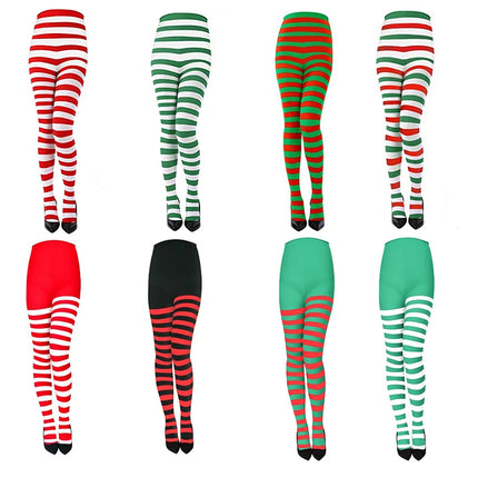 maveraCCüm | Christmas Stockings Red Green Striped Tights Stretchy Leggings Y2K Party Costume Knit Knee High Socks
