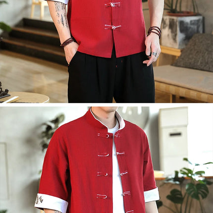 Nuovo gru ricamo top abbigliamento tradizionale cinese per uomo camicie vintage in lino a mezza manica colletto Madarin solido Hanfu Kungfu