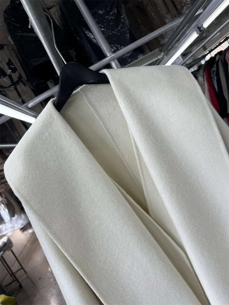 Scarf Collar 100%Wool Coat Women, Korean Fashion Elegant Outerwear, Loose Autumn Winter Jacket