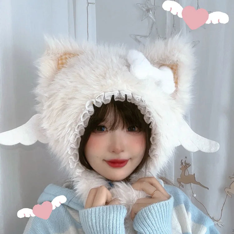 Y2K Gothic Punk Cat Ear Hat with Cross Wing Chain Decoration Plush Warm Winter Subculture Goth Rock Musi Cap Bombero Gorro Ruso