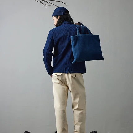 Vintage French Indigo Cargo Jacket Men Autumn Winter New Lapel Multi-pocket Blue Dyed Tooling Jacket Retro Casual Cardigan Coat