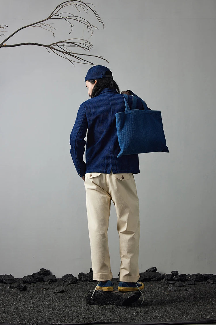 Vintage French Indigo Cargo Jacket Men Autumn Winter New Lapel Multi-pocket Blue Dyed Tooling Jacket Retro Casual Cardigan Coat